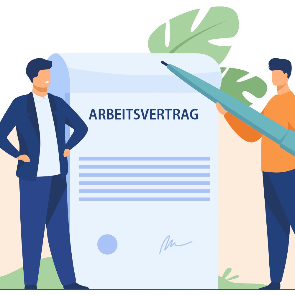 Es handelt sich um eine Illustration: Eine Person unterzeichnet einen Arbeitsvertrag. Eine zweite Person schaut zu. 