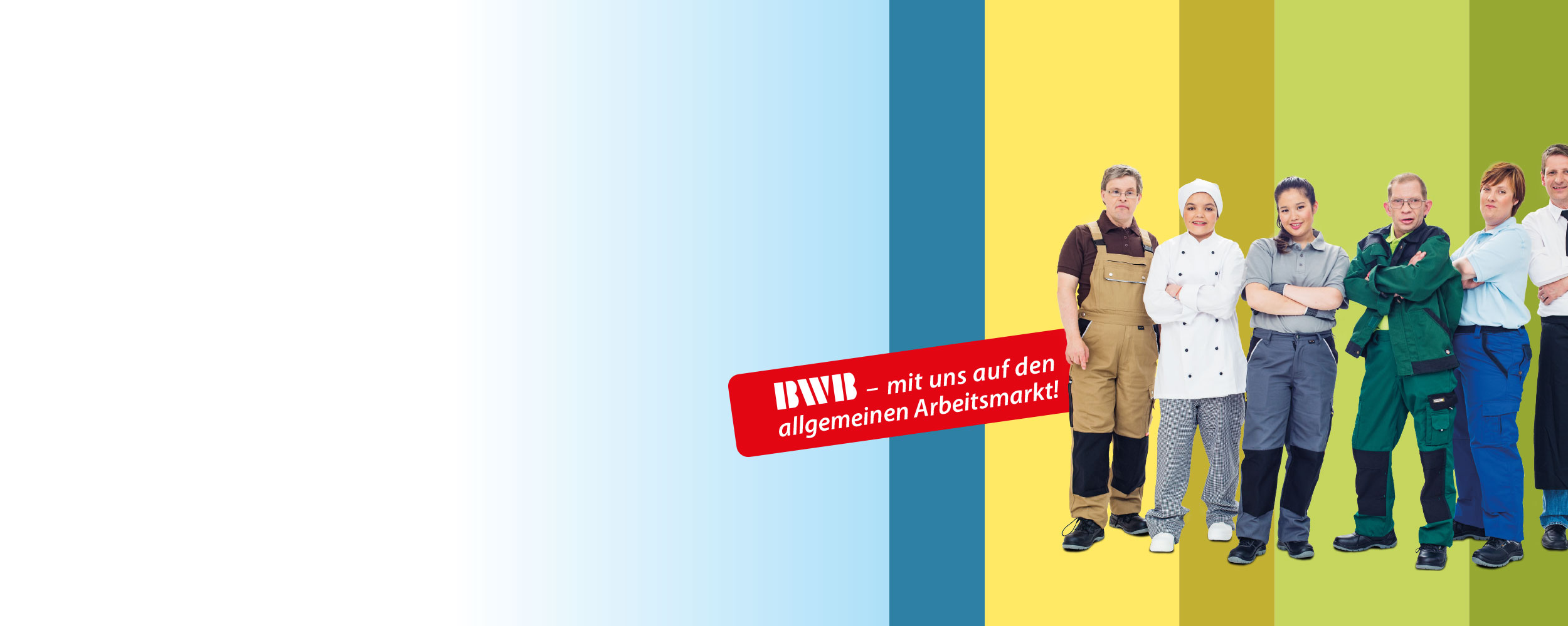 Sechs Personen in Arbeitskleidung auf einem farbigen Hintergrund