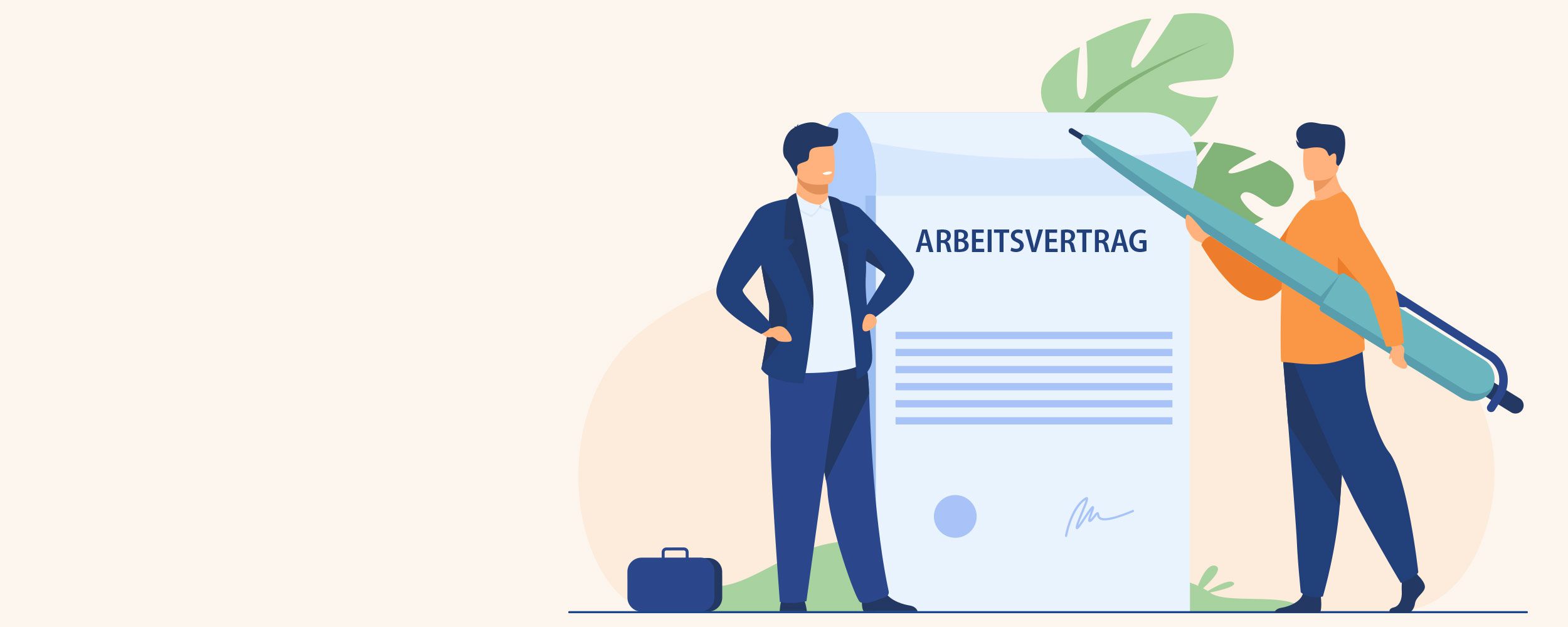Es handelt sich um eine Illustration: Eine Person unterzeichnet einen Arbeitsvertrag. Eine zweite Person schaut zu. 
