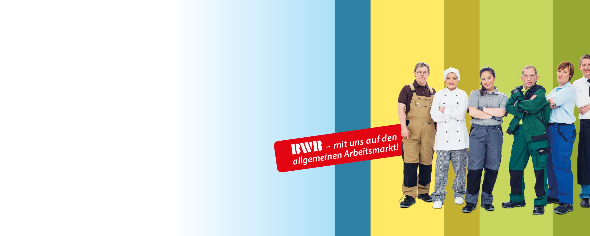 Sechs Personen in Arbeitskleidung auf einem farbigen Hintergrund